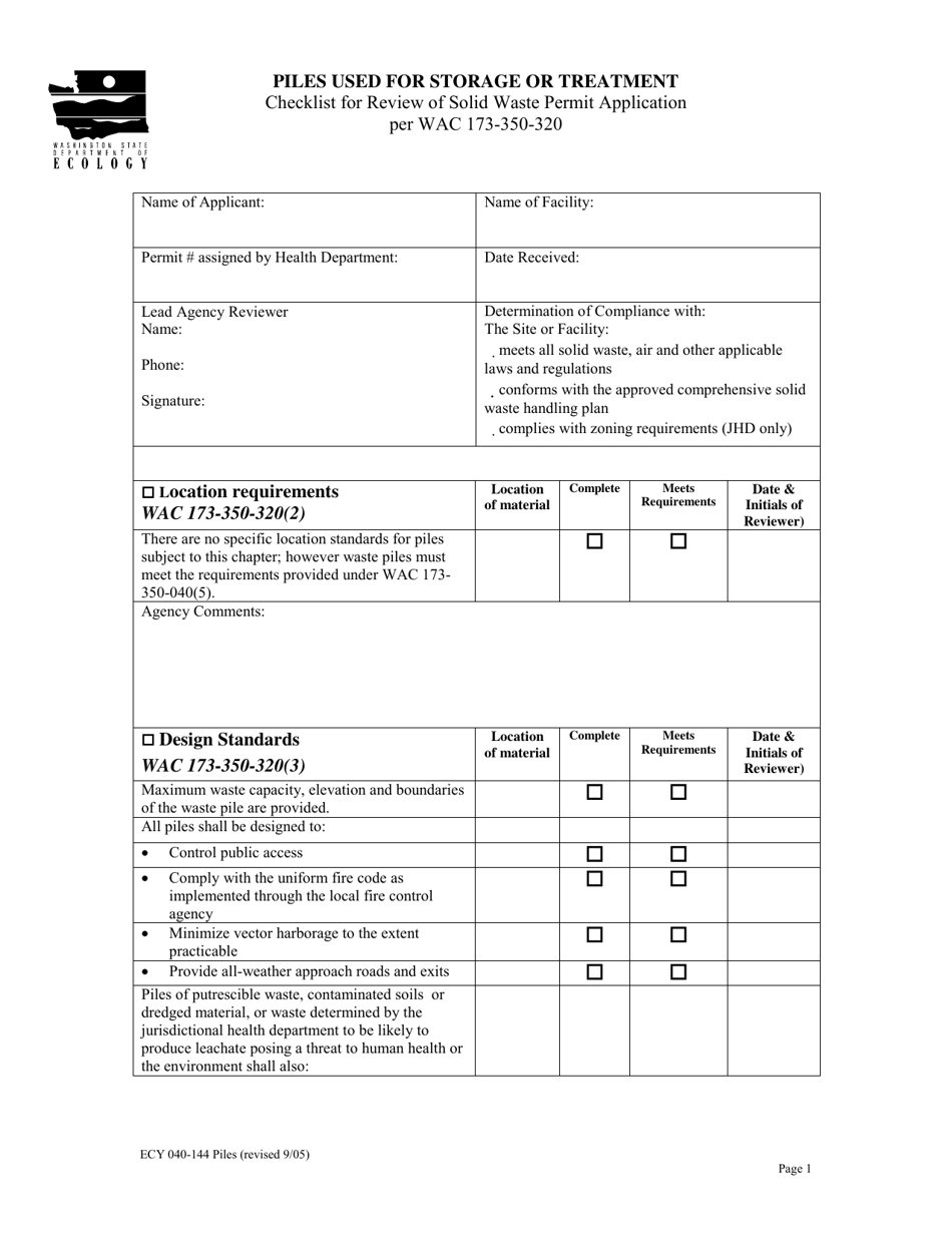 Form ECY040-144 Piles Used for Storage or Treatment Checklist for Review of Solid Waste Permit Application Per Wac 173-350-320 - Washington, Page 1