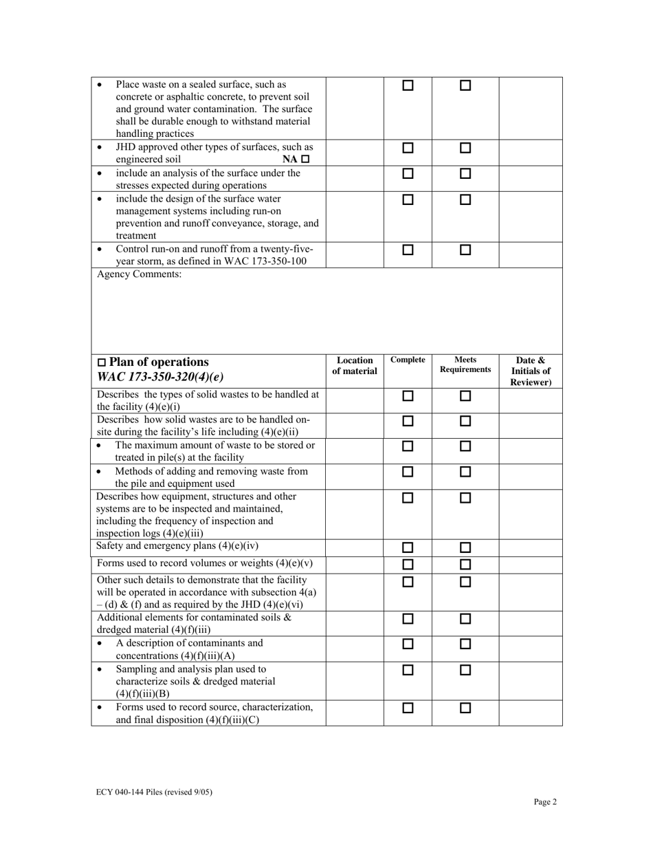 Form ECY040-144 Piles Used for Storage or Treatment Checklist for Review of Solid Waste Permit Application Per Wac 173-350-320 - Washington, Page 2