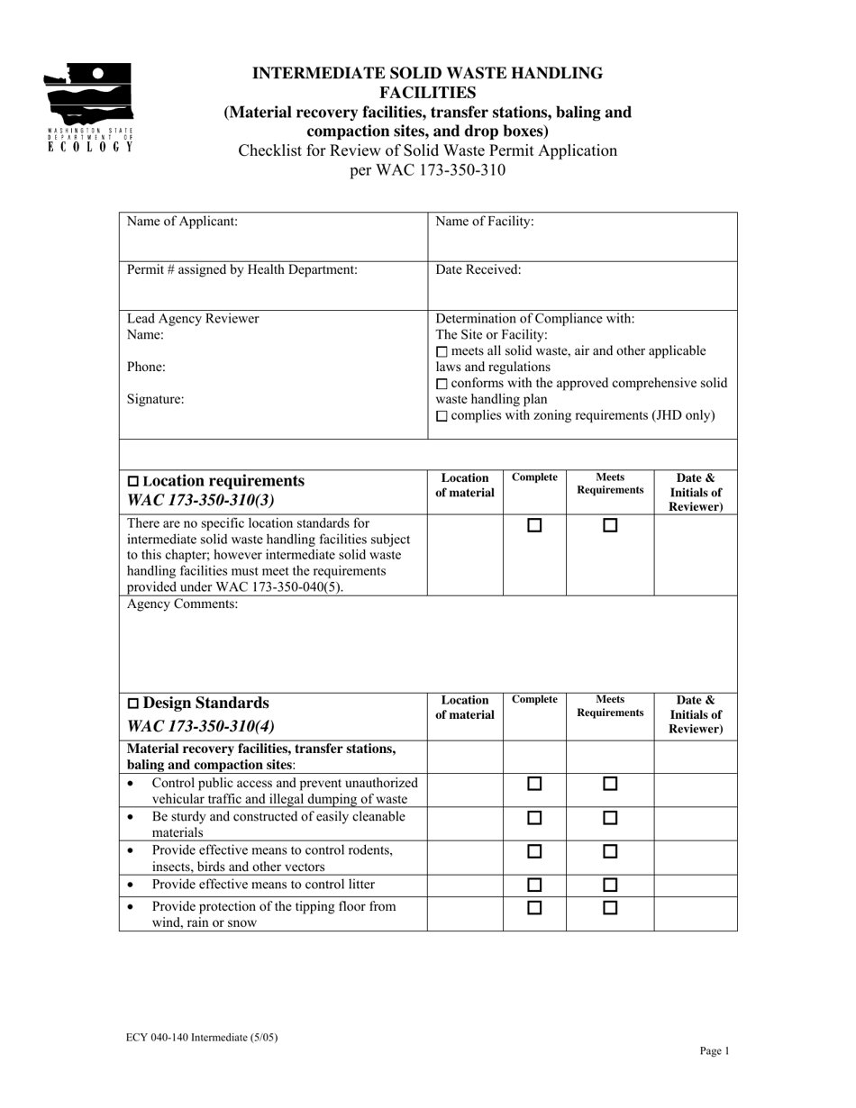 Form ECY040-140 Intermediate Solid Waste Handling Facilities Checklist for Review of Solid Waste Permit Application Per Wac 173-350-310 - Washington, Page 1