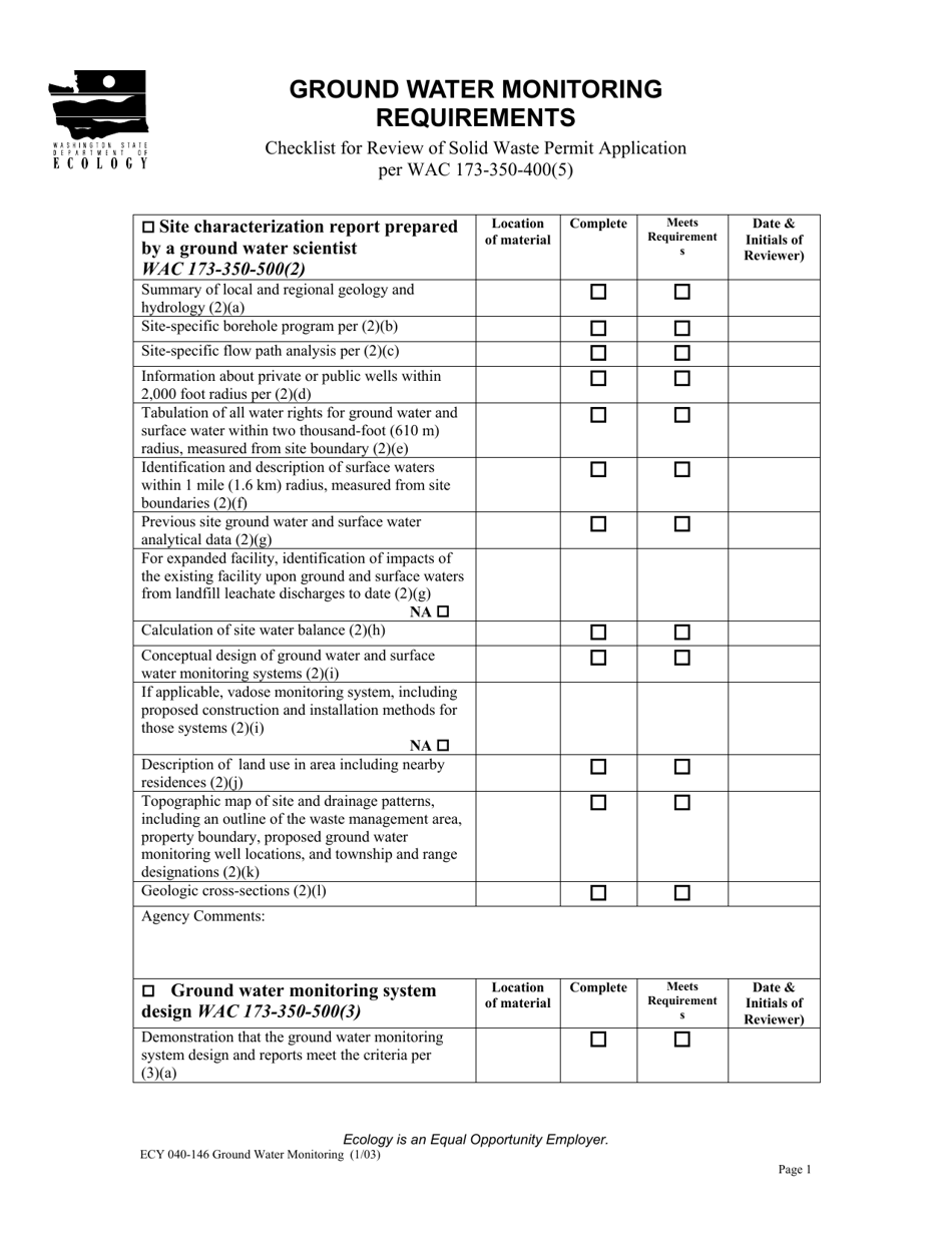 Form ECY040-146 Ground Water Monitoring Requirements Checklist for Review of Solid Waste Permit Application Per Wac 173-350-500 - Washington, Page 1