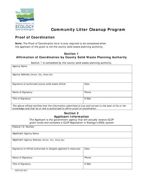 Form ECY070-521 Community Litter Cleanup Program Proof of Coordination - Washington