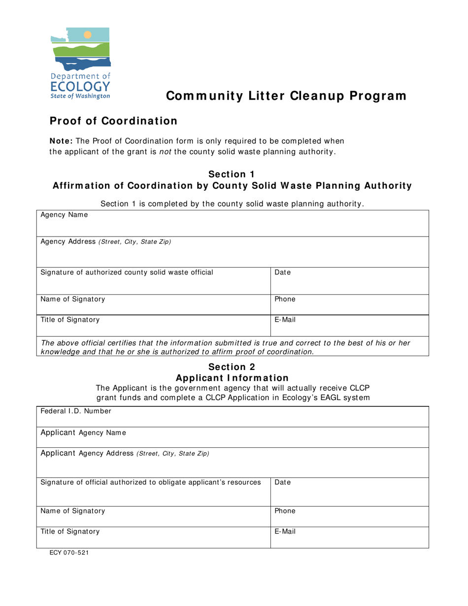 Form ECY070-521 Community Litter Cleanup Program Proof of Coordination - Washington, Page 1