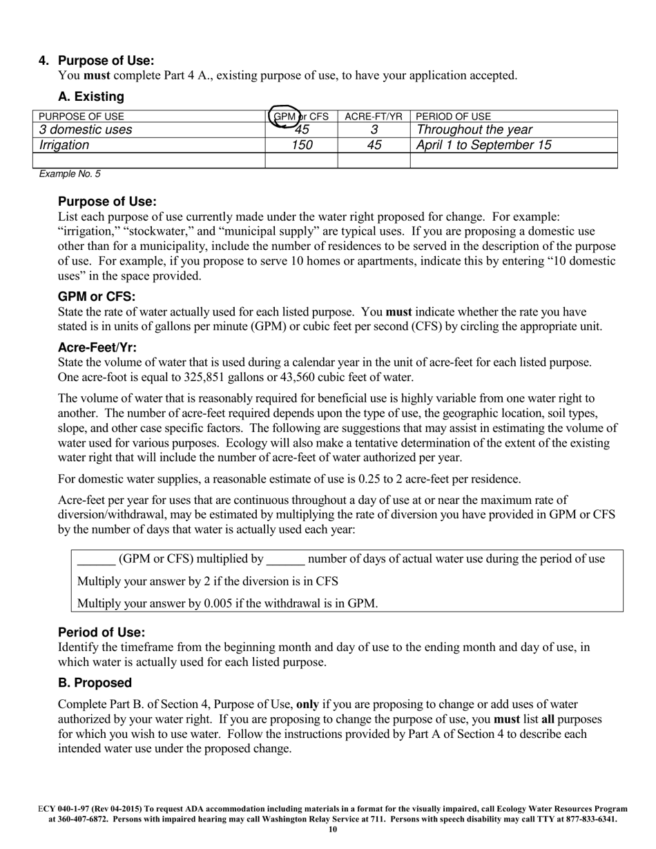 Form ECY040-1-97 Application for Change / Transfer of Water Right - Washington, Page 10