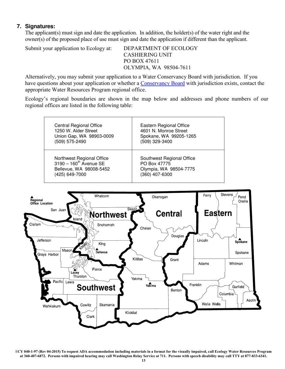Form ECY040-1-97 Application for Change / Transfer of Water Right - Washington, Page 13