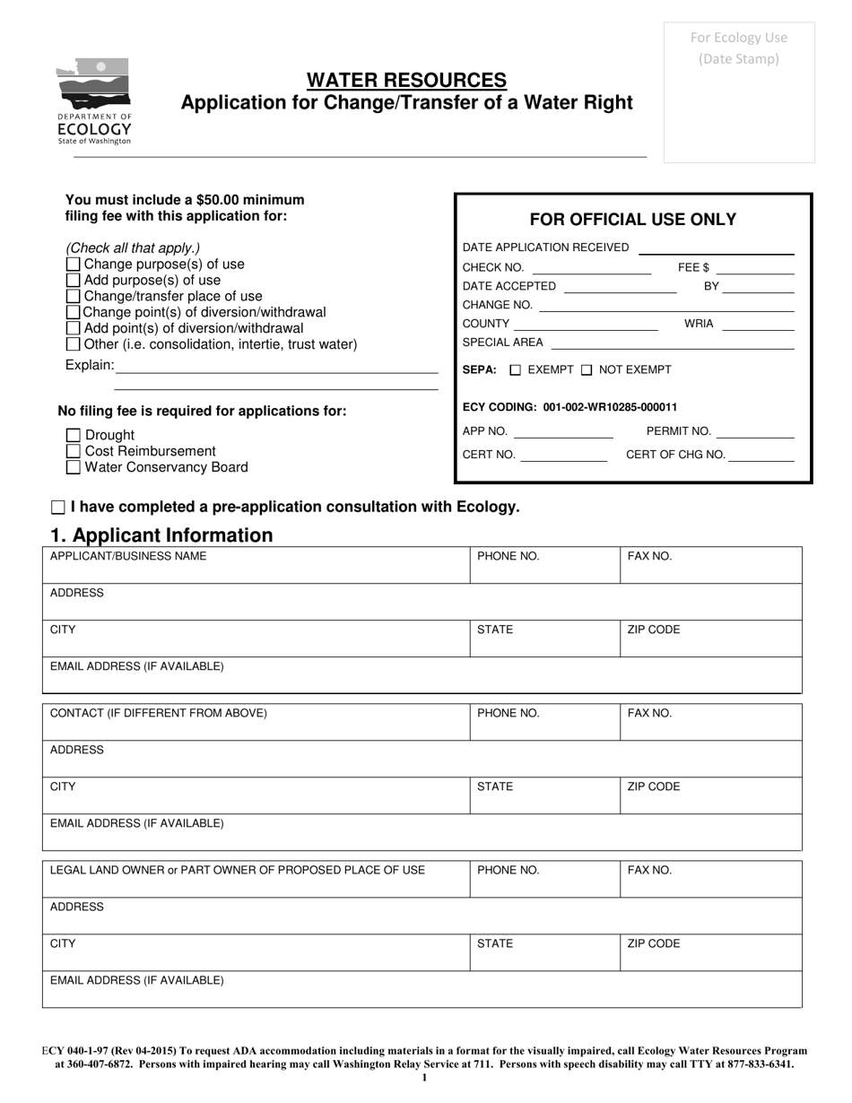 Form ECY040-1-97 Application for Change / Transfer of Water Right - Washington, Page 1