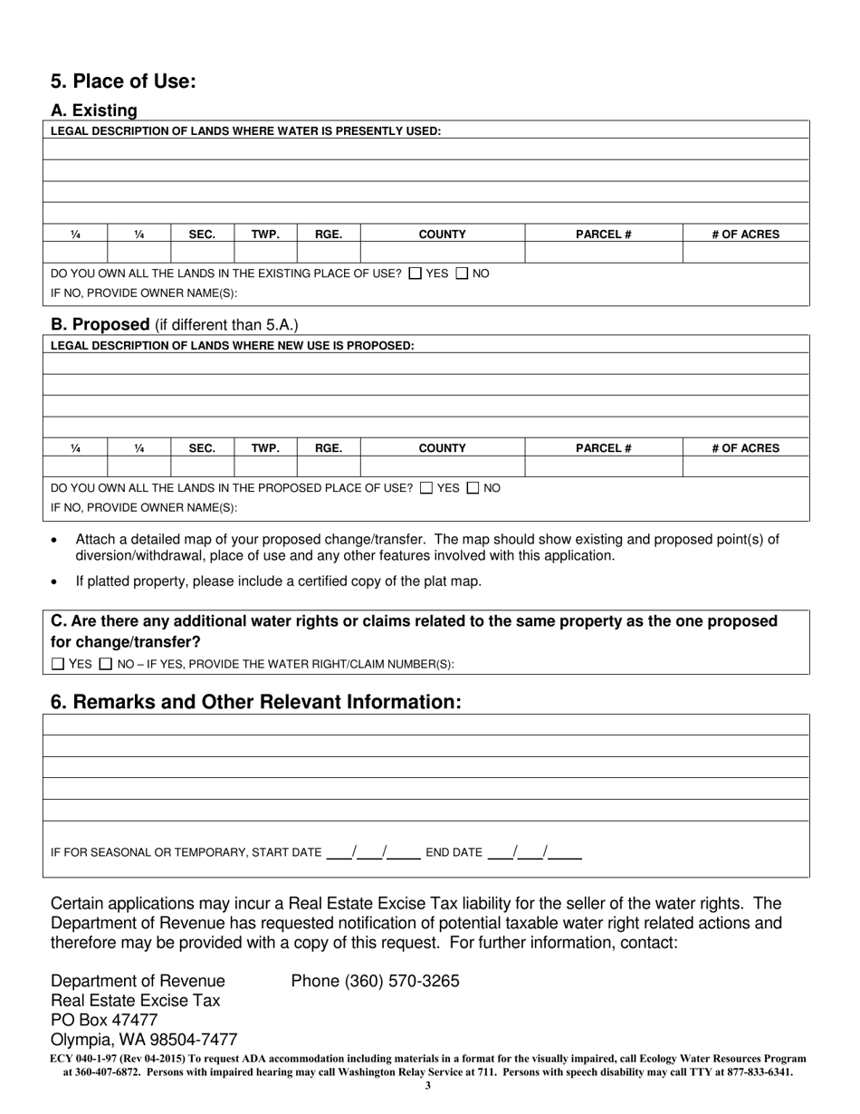 Form ECY040-1-97 Application for Change / Transfer of Water Right - Washington, Page 3