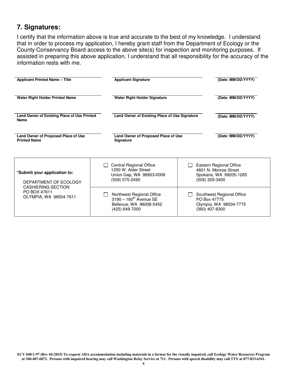 Form ECY040-1-97 Application for Change / Transfer of Water Right - Washington, Page 4