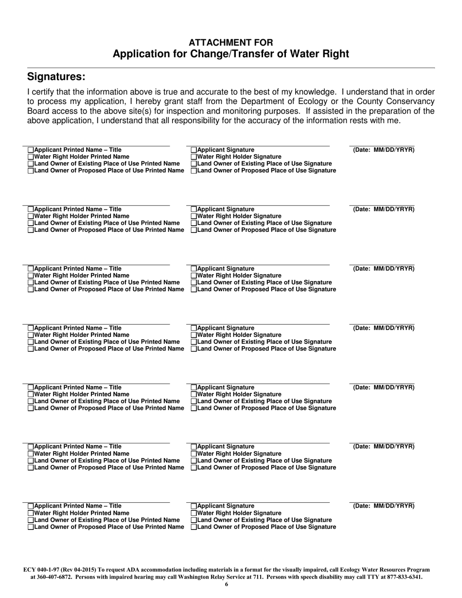Form ECY040-1-97 Application for Change / Transfer of Water Right - Washington, Page 6