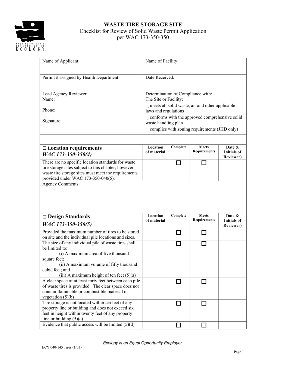 Form ECY040-145 Waste Tire Storage Site Checklist for Review of Solid Waste Permit Application Per Wac 173-350-350 - Washington, Page 1