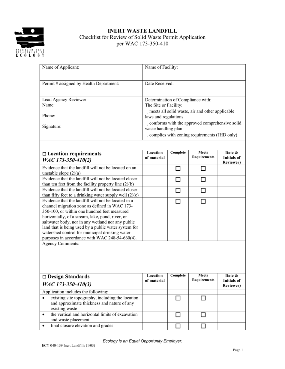 Form ECY040-139 Inert Waste Landfills Checklist for Review of Solid Waste Permit Application Per Wac 173-350-410 - Washington, Page 1