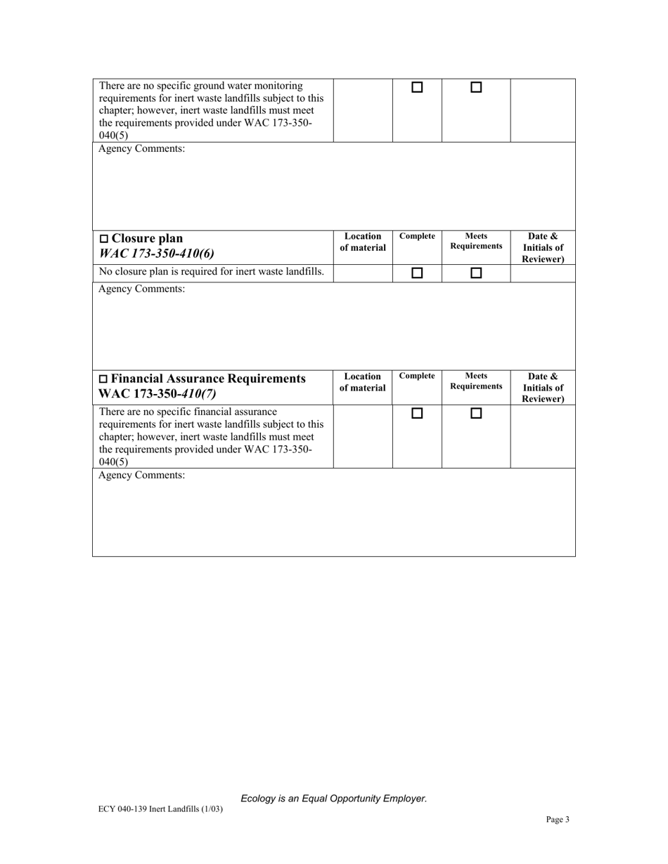 Form ECY040-139 Inert Waste Landfills Checklist for Review of Solid Waste Permit Application Per Wac 173-350-410 - Washington, Page 3