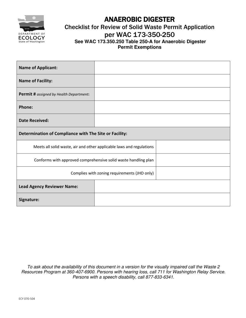 Form ECY070-504 Anaeobic Digester Checklist for Review of Solid Waste Permit Application Per Wac 173-350-250 - Washington, Page 1