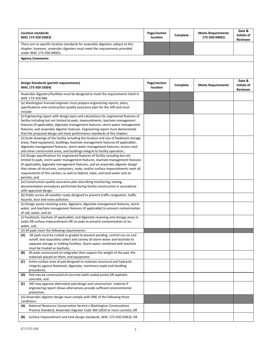 Form ECY070-504 Anaeobic Digester Checklist for Review of Solid Waste Permit Application Per Wac 173-350-250 - Washington, Page 2