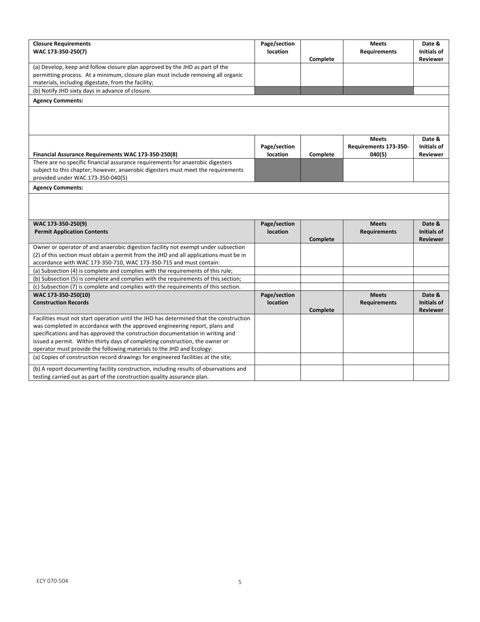 Form ECY070-504 Anaeobic Digester Checklist for Review of Solid Waste Permit Application Per Wac 173-350-250 - Washington, Page 5