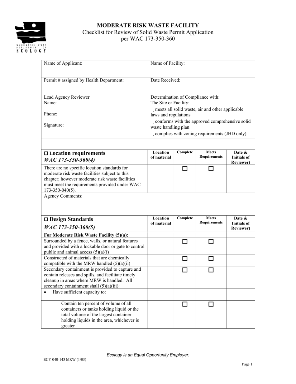 Form ECY040-143 Moderate Risk Waste Facility Checklist for Review of Solid Waste Permit Application Per Wac 173-350-360 - Washington, Page 1