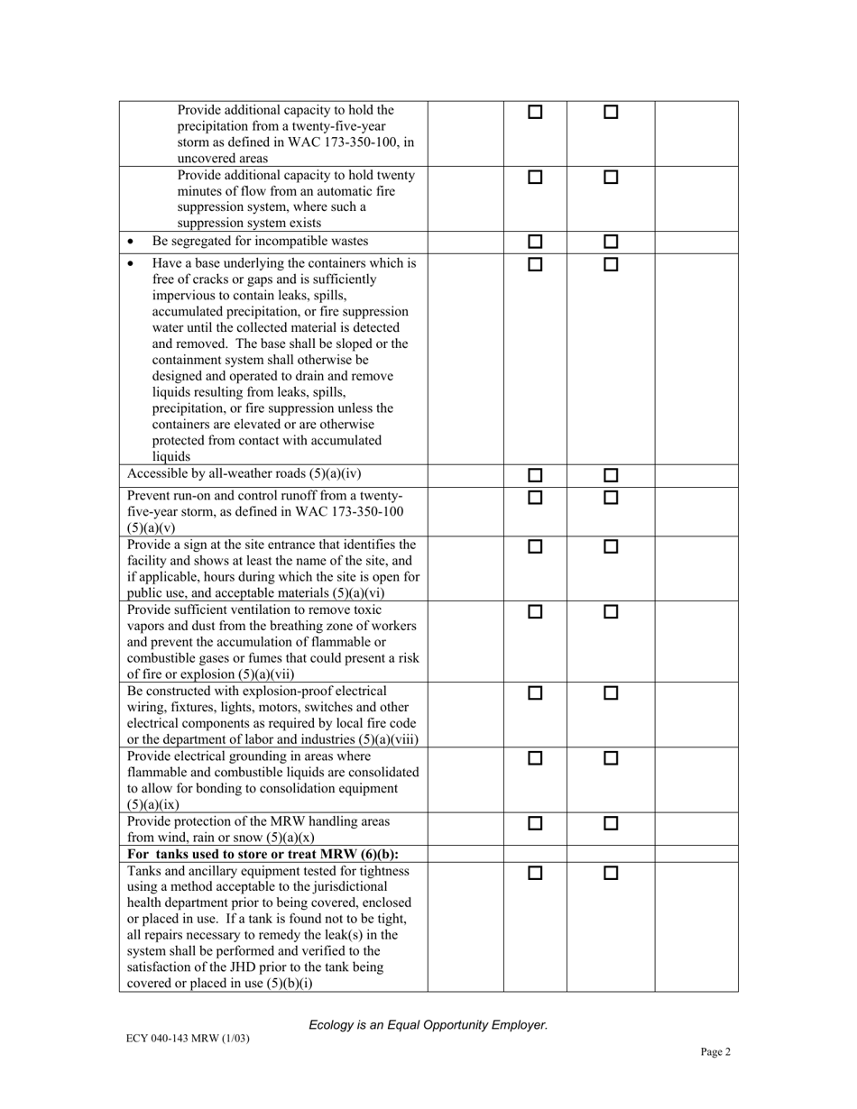 Form ECY040-143 Moderate Risk Waste Facility Checklist for Review of Solid Waste Permit Application Per Wac 173-350-360 - Washington, Page 2