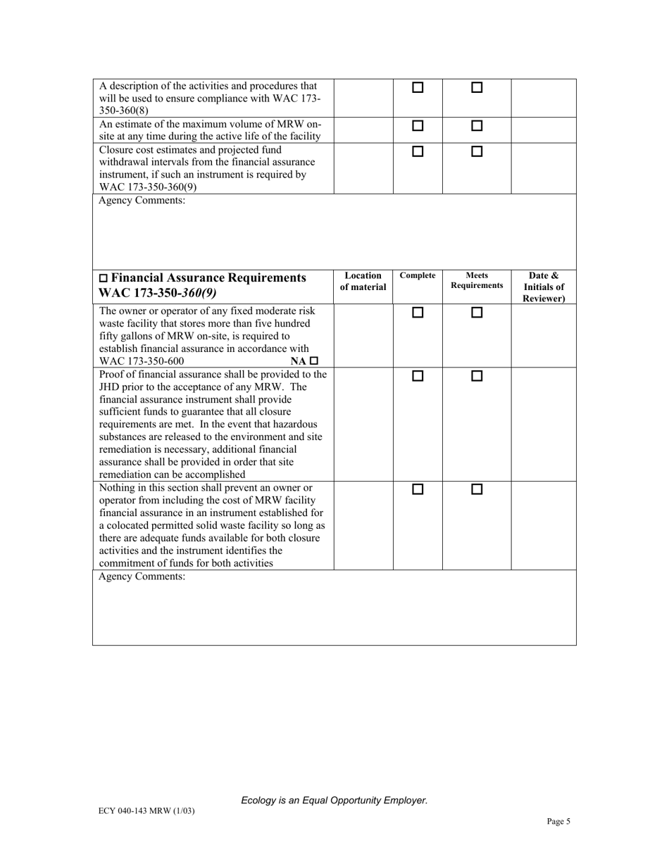 Form ECY040-143 Moderate Risk Waste Facility Checklist for Review of Solid Waste Permit Application Per Wac 173-350-360 - Washington, Page 5