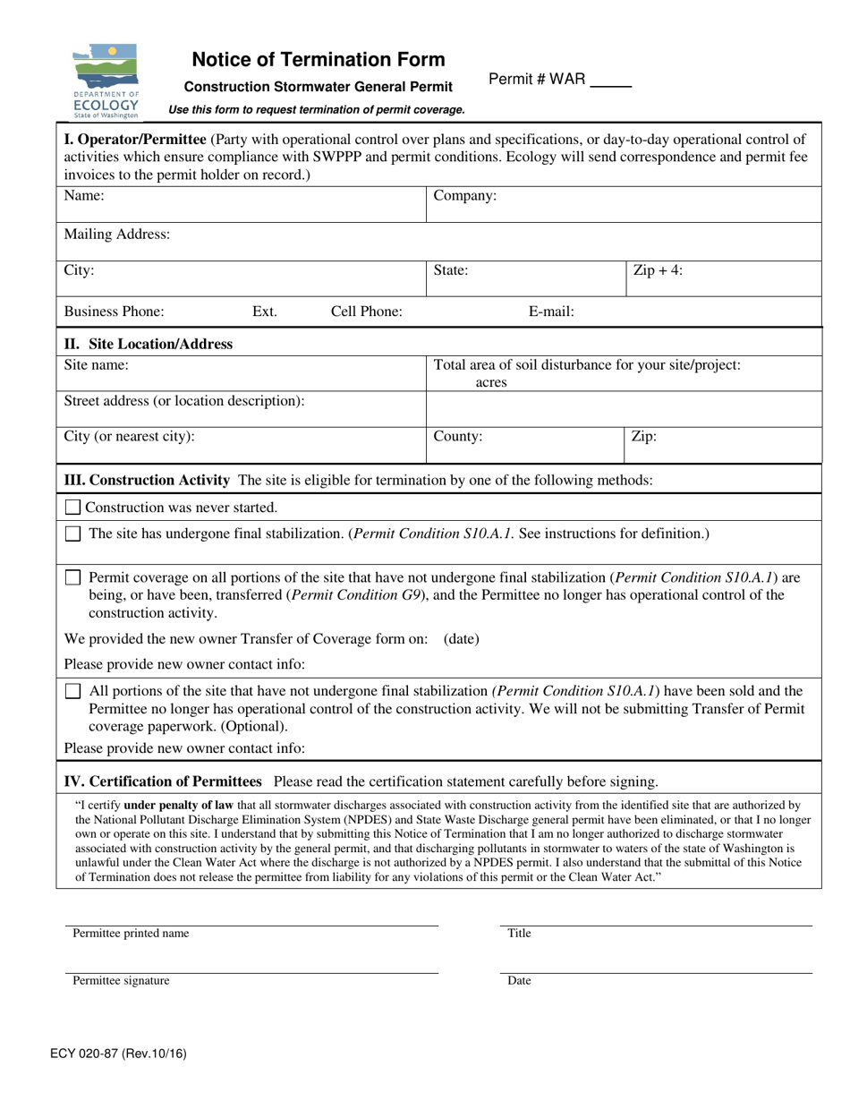 Form ECY020-87 - Fill Out, Sign Online and Download Printable PDF ...