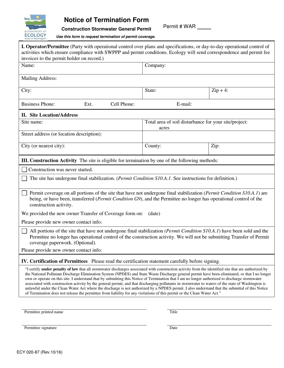 Form ECY020-87 Notice of Termination Form for Construction Stormwater General Permit - Washington, Page 1