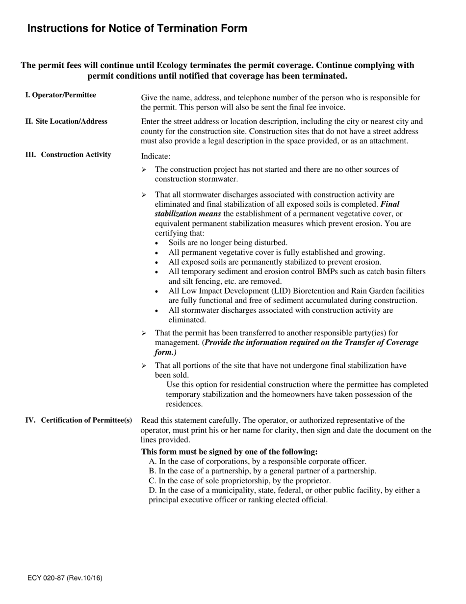 Form ECY020-87 Notice of Termination Form for Construction Stormwater General Permit - Washington, Page 2