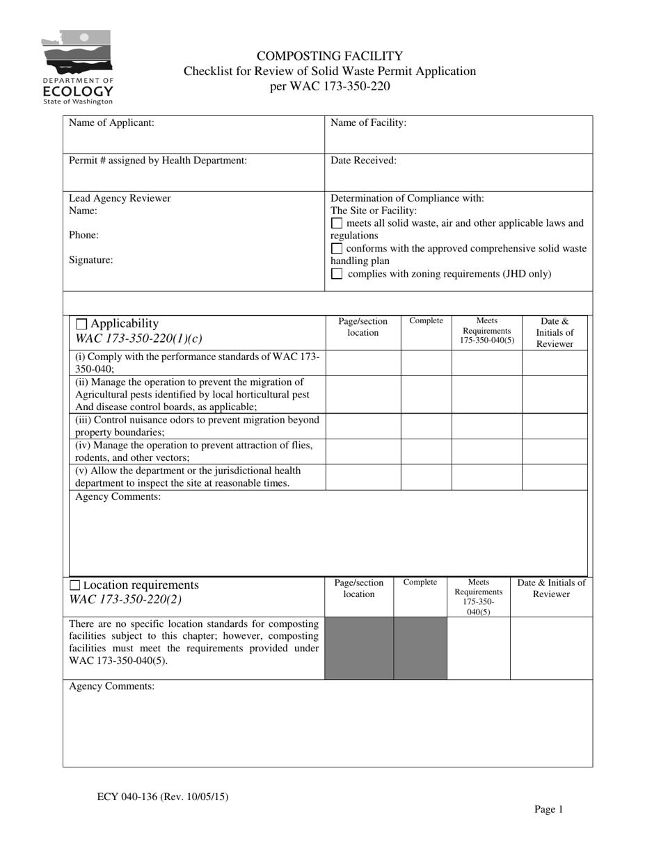 Form ECY040-136 Composting Facility Checklist for Review of Solid Waste Permit Application Per Wac 173-350-220 - Washington, Page 1