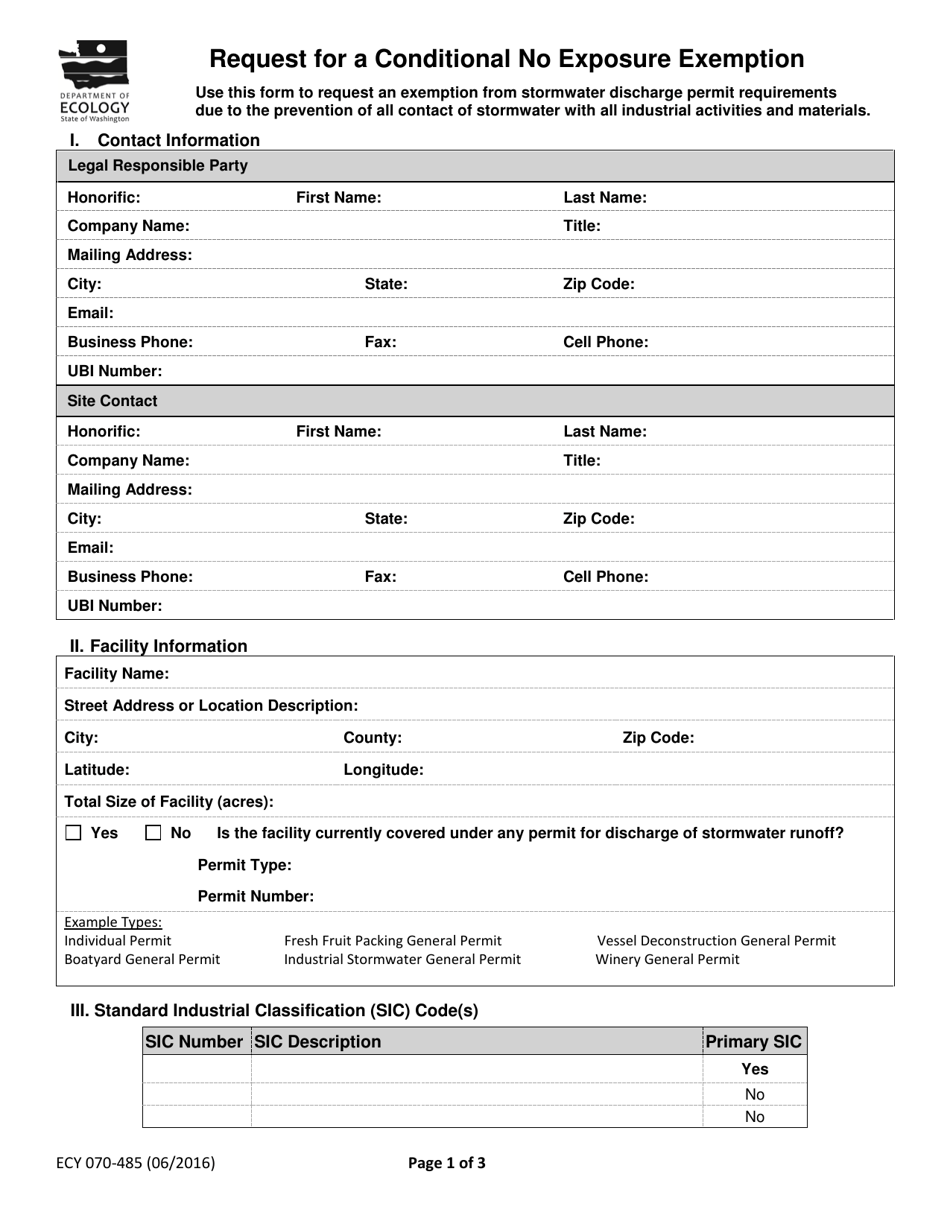 Form ECY070-485 Request for a Conditional No Exposure Exemption - Washington, Page 1