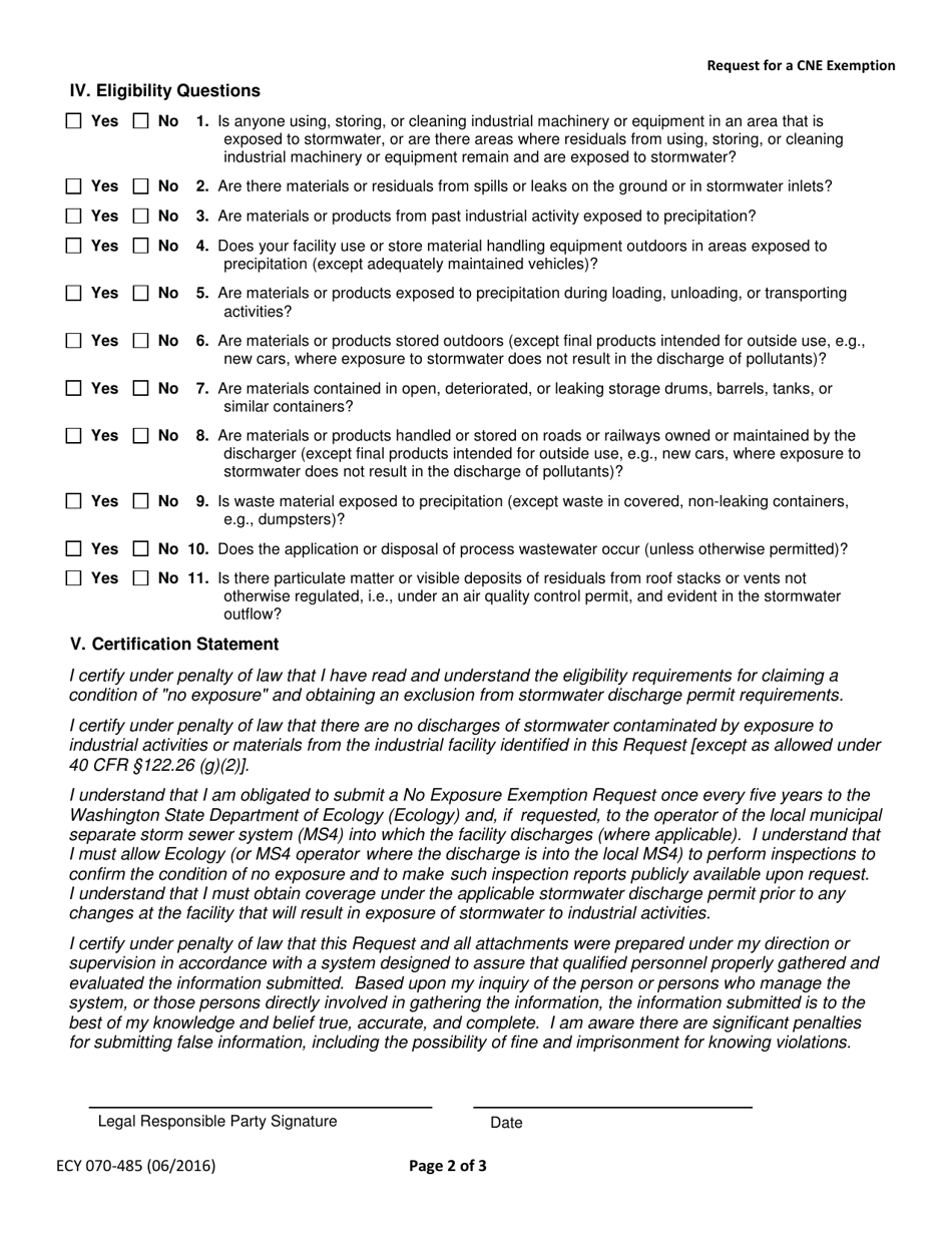 Form ECY070-485 Request for a Conditional No Exposure Exemption - Washington, Page 2