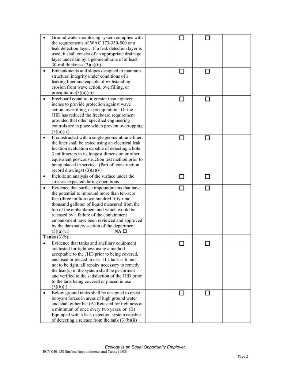 Form ECY040-138 Surface Impoundments and Tanks Checklist for Review of Solid Waste Permit Application - Washington, Page 2