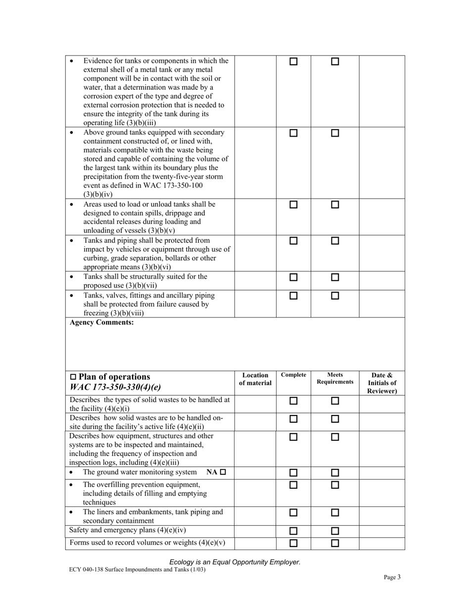 Form ECY040-138 Surface Impoundments and Tanks Checklist for Review of Solid Waste Permit Application - Washington, Page 3
