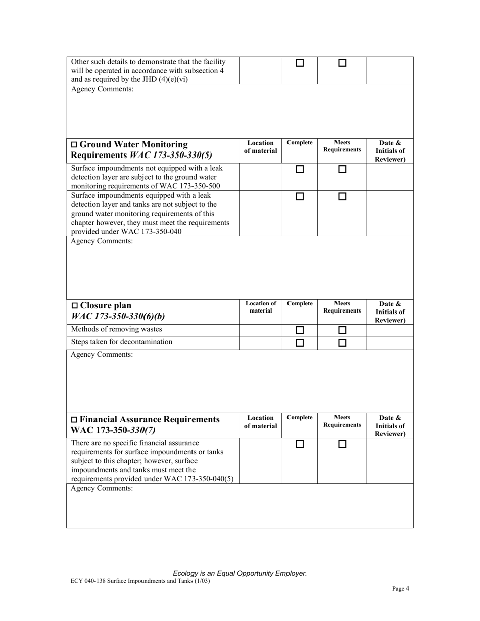 Form ECY040-138 Surface Impoundments and Tanks Checklist for Review of Solid Waste Permit Application - Washington, Page 4