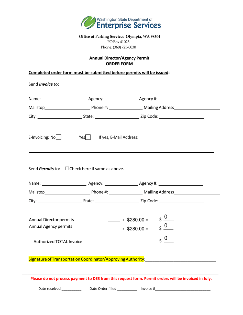Washington Annual Director Agency Campus Parking Permit Order Form 