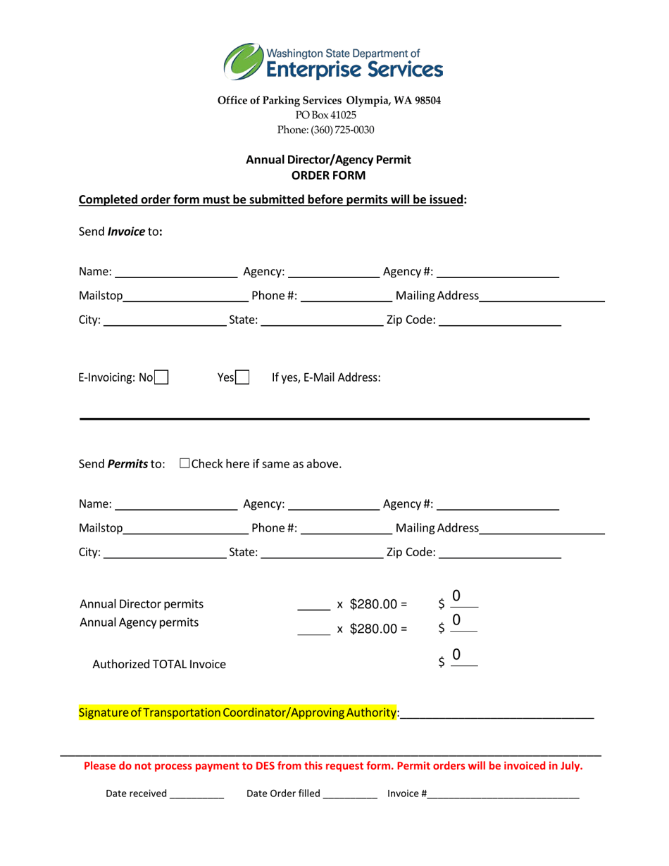 Annual Director / Agency Campus Parking Permit Order Form - Washington, Page 1