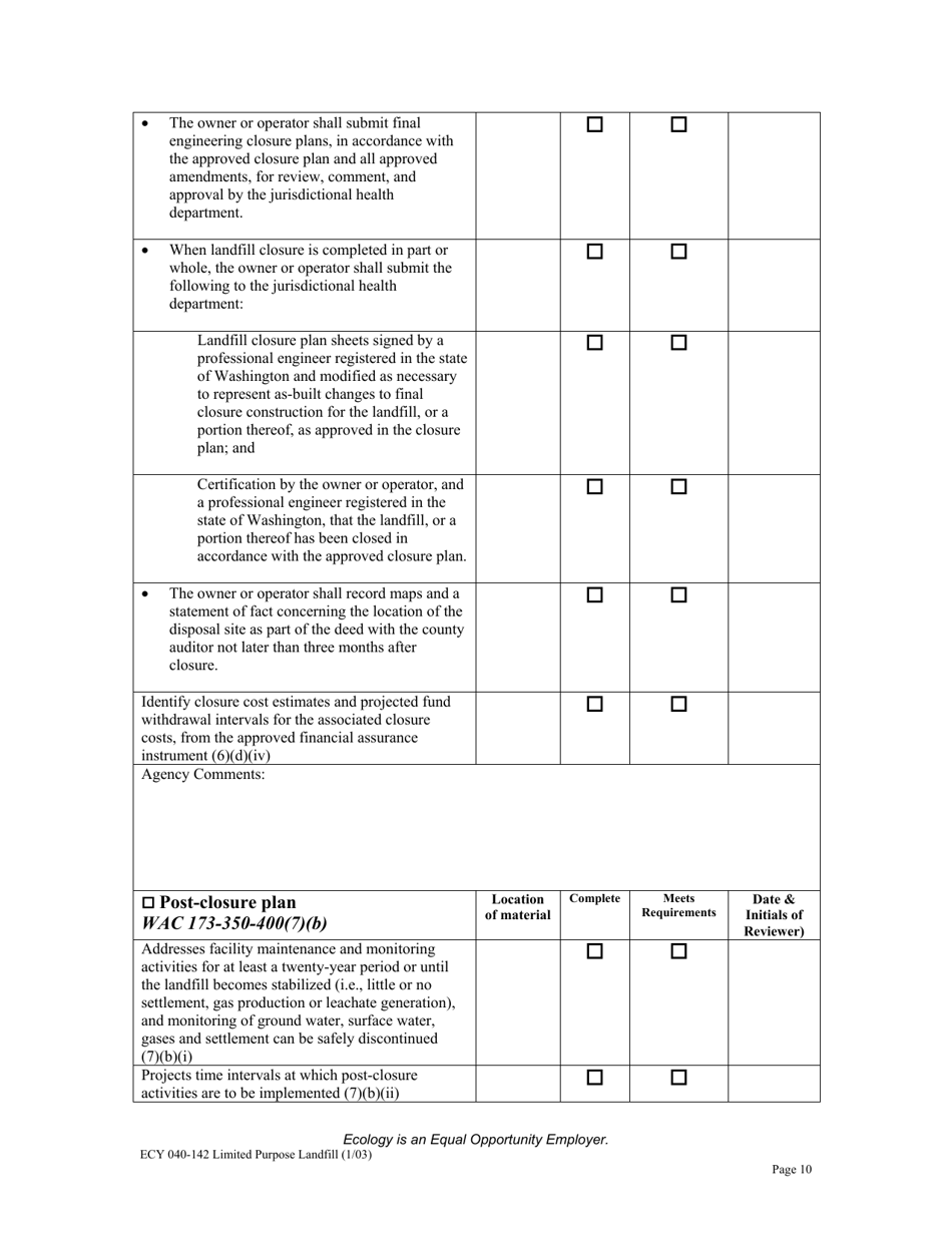 Form ECY040-142 Limited Purpose Landfills Checklist for Review of Solid Waste Permit Application Per Wac 173-350-400 - Washington, Page 10