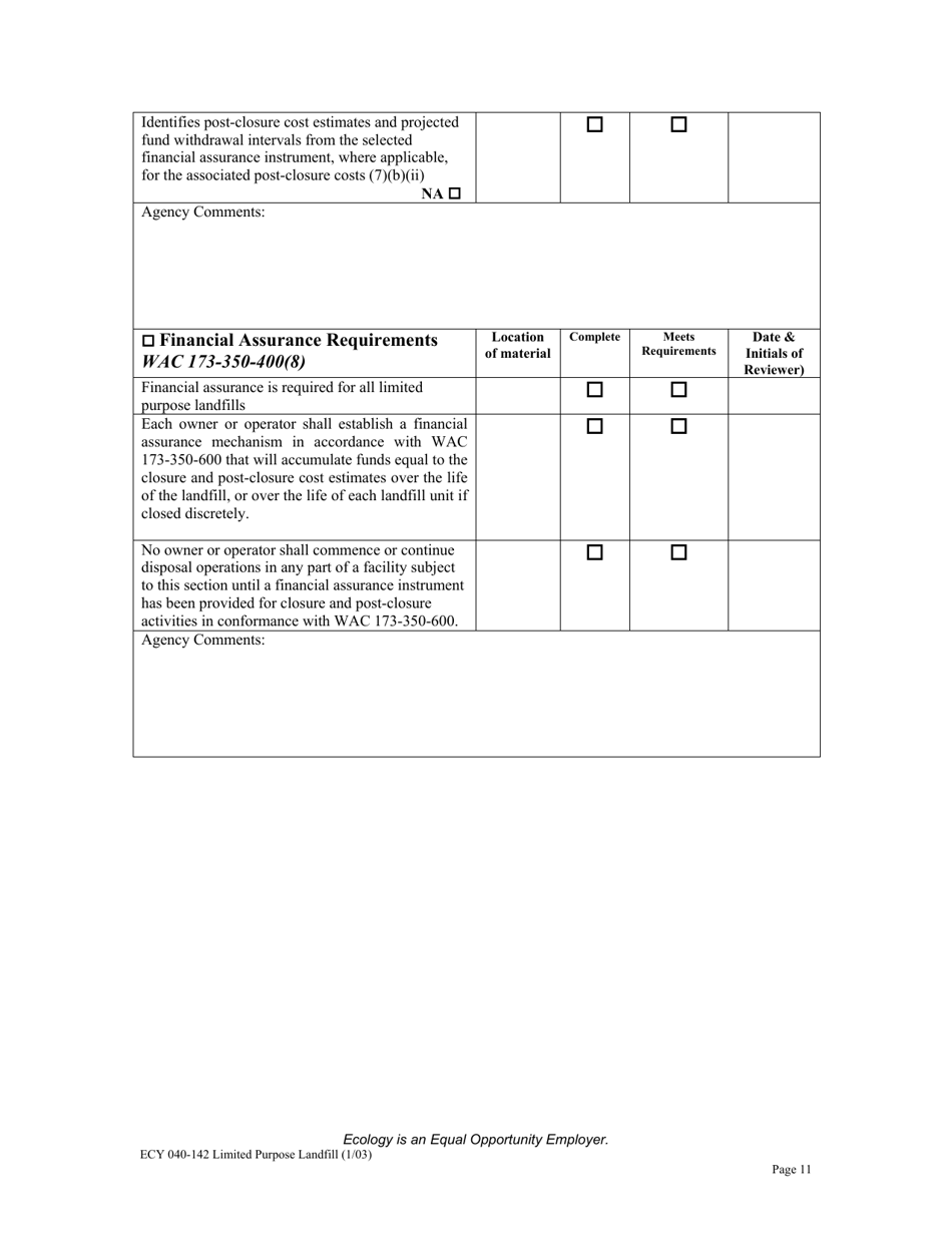 Form ECY040-142 Limited Purpose Landfills Checklist for Review of Solid Waste Permit Application Per Wac 173-350-400 - Washington, Page 11