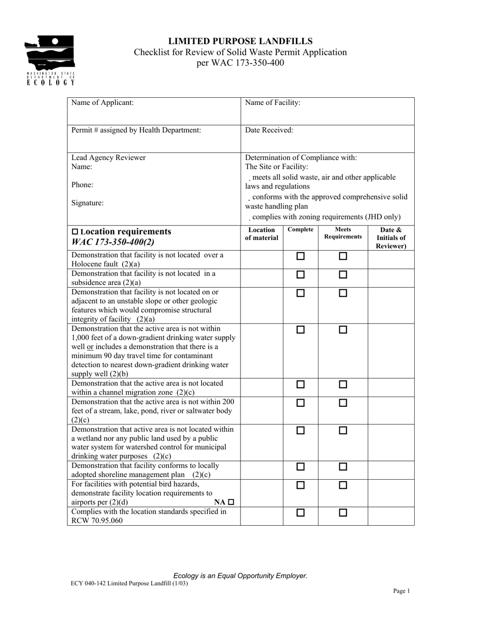 Form ECY040-142 Limited Purpose Landfills Checklist for Review of Solid Waste Permit Application Per Wac 173-350-400 - Washington, Page 1