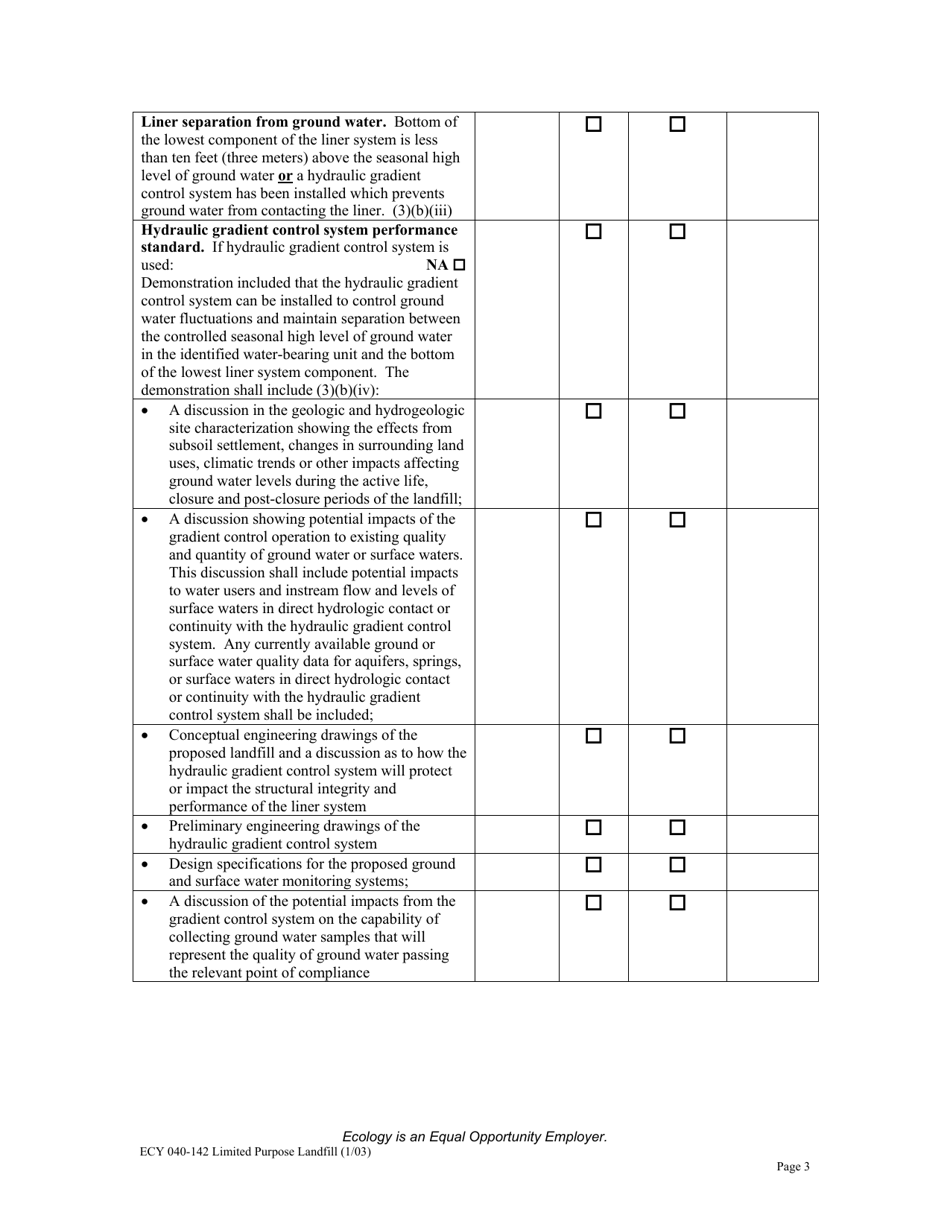 Form ECY040-142 Limited Purpose Landfills Checklist for Review of Solid Waste Permit Application Per Wac 173-350-400 - Washington, Page 3