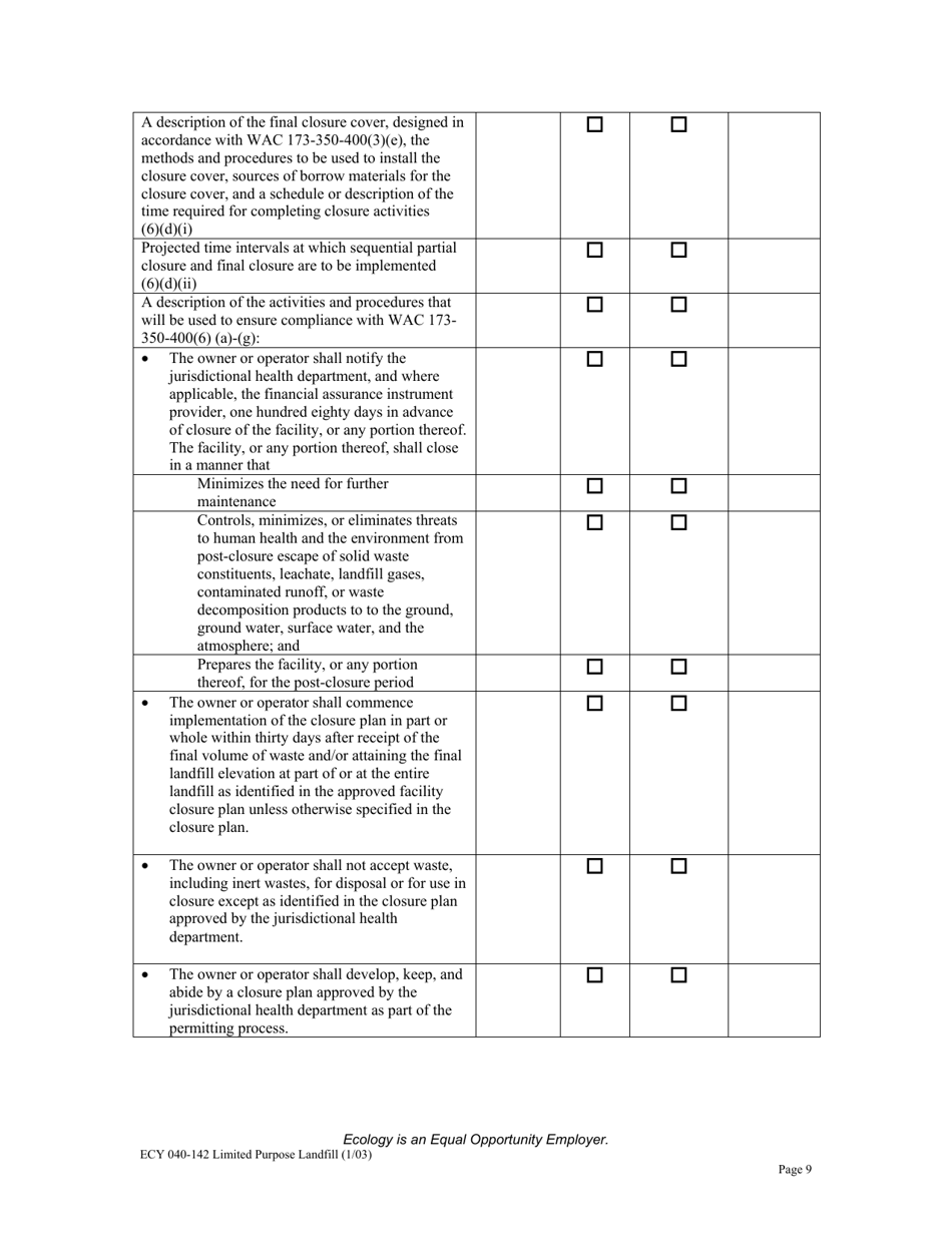 Form ECY040-142 Limited Purpose Landfills Checklist for Review of Solid Waste Permit Application Per Wac 173-350-400 - Washington, Page 9