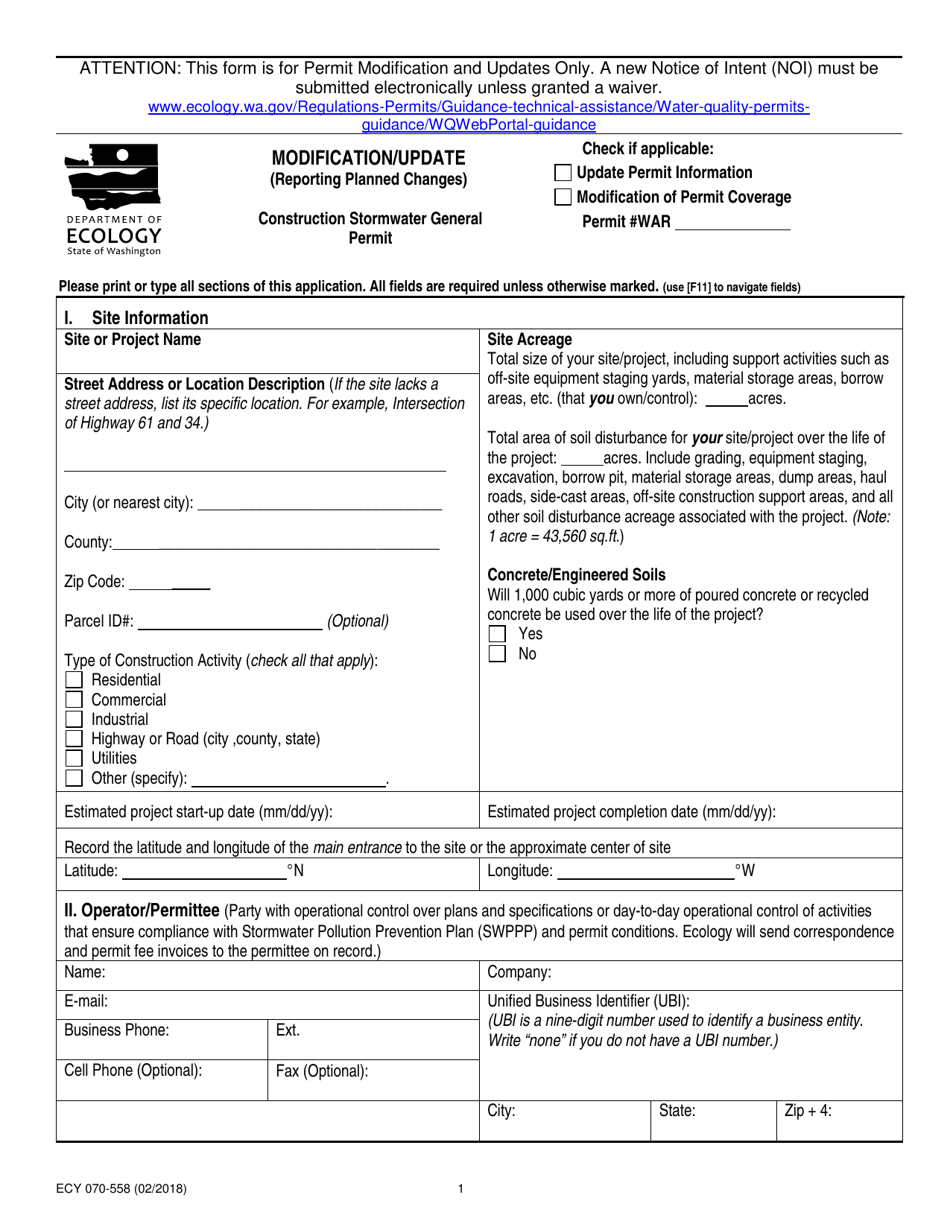 Form ECY070-558 Construction Stormwater General Permit Modification / Update - Washington, Page 1