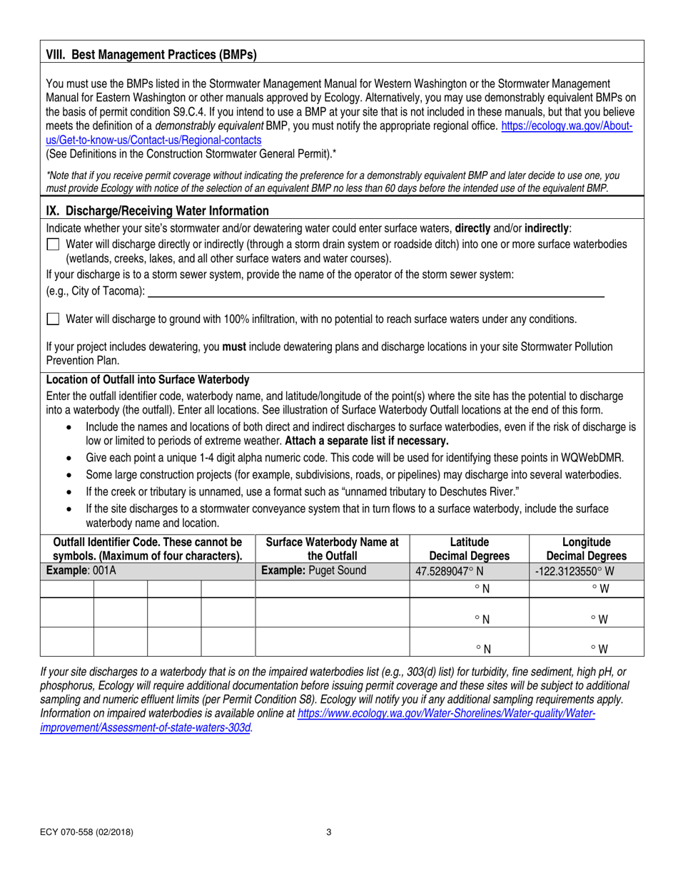 Form ECY070-558 Construction Stormwater General Permit Modification / Update - Washington, Page 3