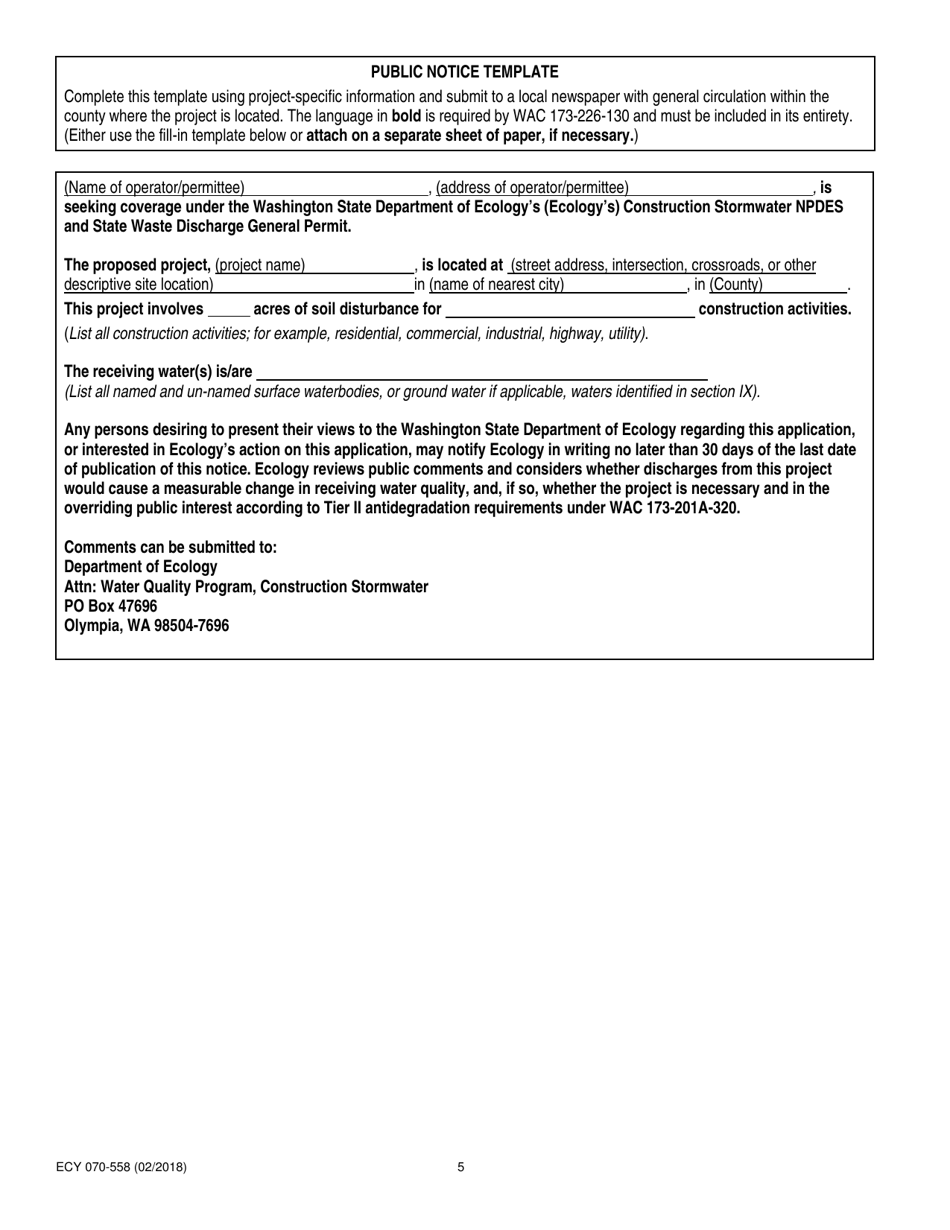 Form ECY070-558 Construction Stormwater General Permit Modification / Update - Washington, Page 5