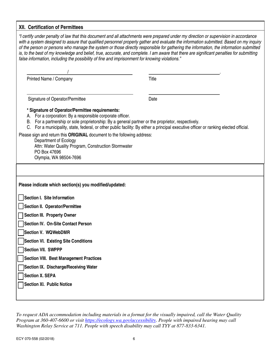 Form ECY070-558 Construction Stormwater General Permit Modification / Update - Washington, Page 6