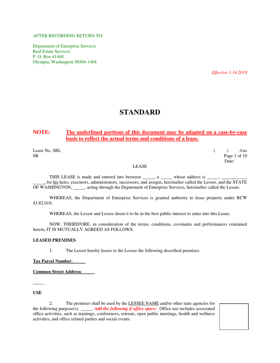 Standard Real Estate Lease Agreement Template - Washington, Page 1