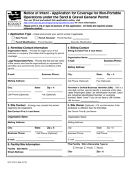 Form ECY070-31 &quot;Notice of Intent - Application for Coverage for Non-portable Operations Under the Sand and Gravel General Permit&quot; - Washington