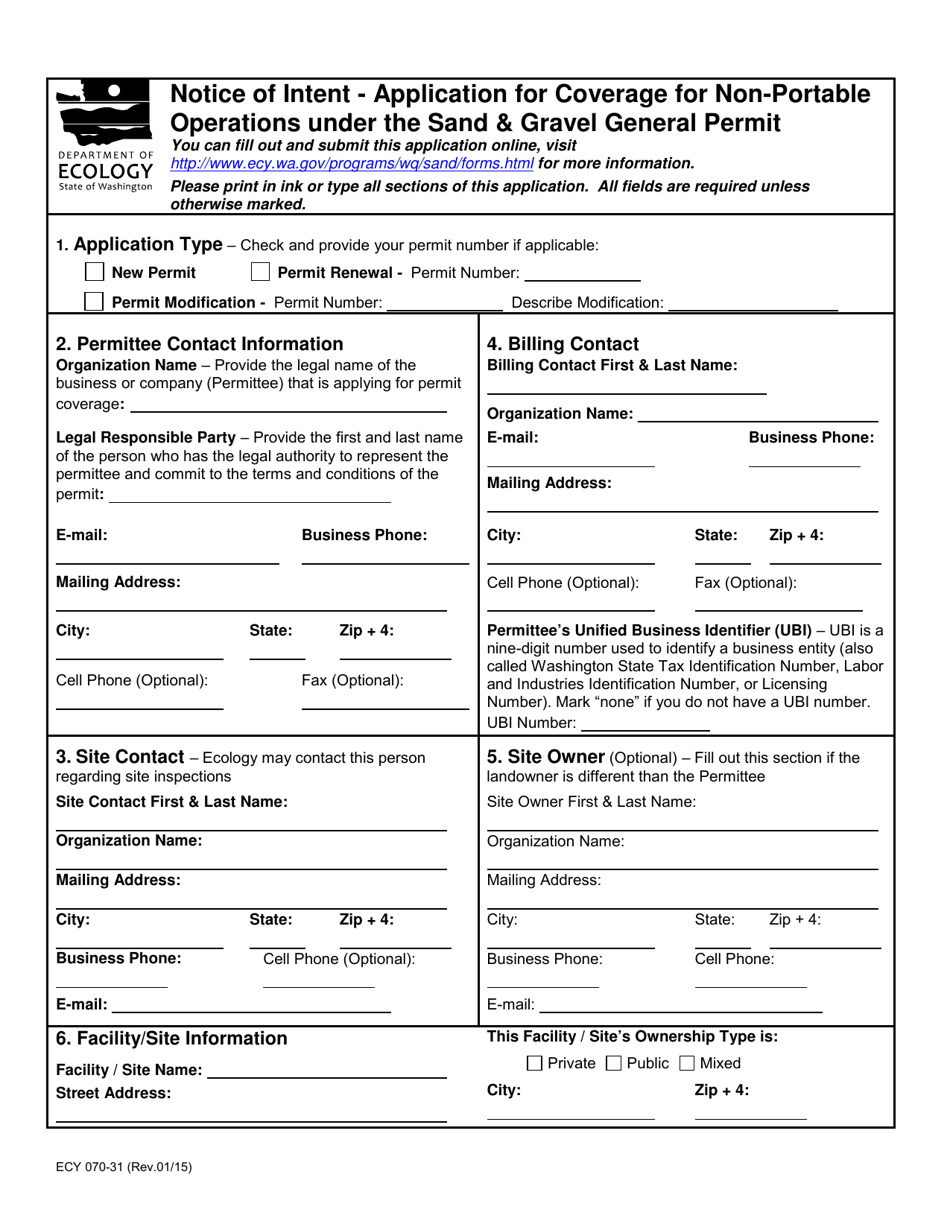 Form ECY070-31 Notice of Intent - Application for Coverage for Non-portable Operations Under the Sand and Gravel General Permit - Washington, Page 1