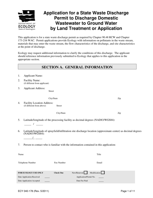 Form ECY040-178 Application for a State Waste Discharge Permit to Discharge Domestic Wastewater to Ground Water by Land Treatment or Application - Washington