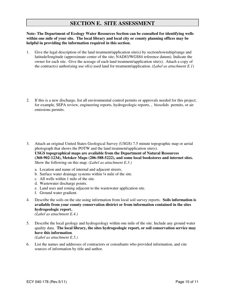 Form ECY040-178 Application for a State Waste Discharge Permit to Discharge Domestic Wastewater to Ground Water by Land Treatment or Application - Washington, Page 10
