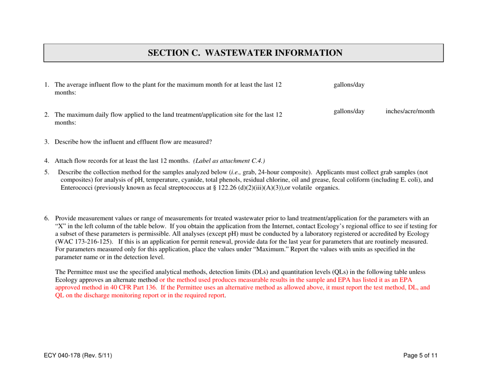 Form ECY040-178 Application for a State Waste Discharge Permit to Discharge Domestic Wastewater to Ground Water by Land Treatment or Application - Washington, Page 5
