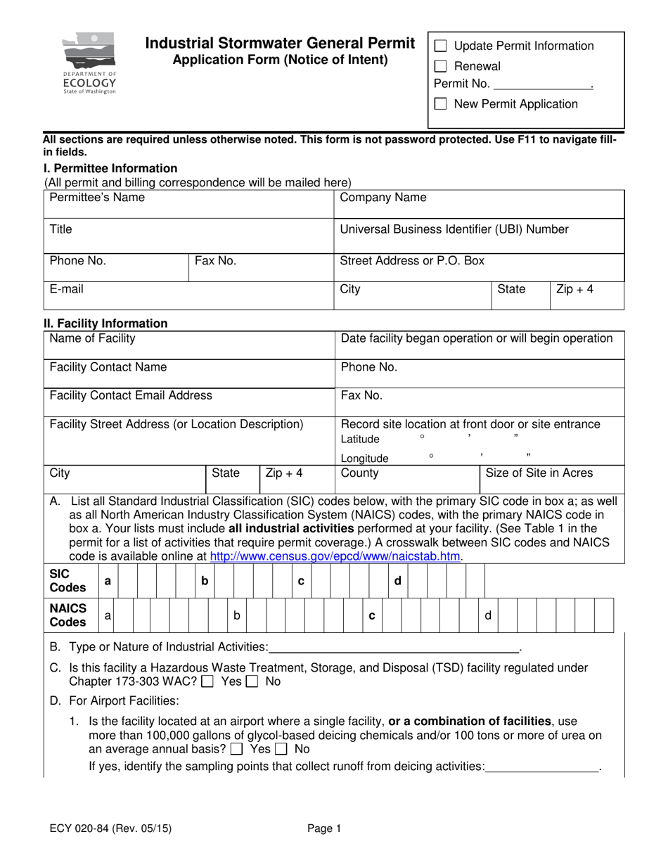 Form ECY020-84 Industrial Stormwater General Permit Application Form (Notice of Intent) - Washington, Page 1