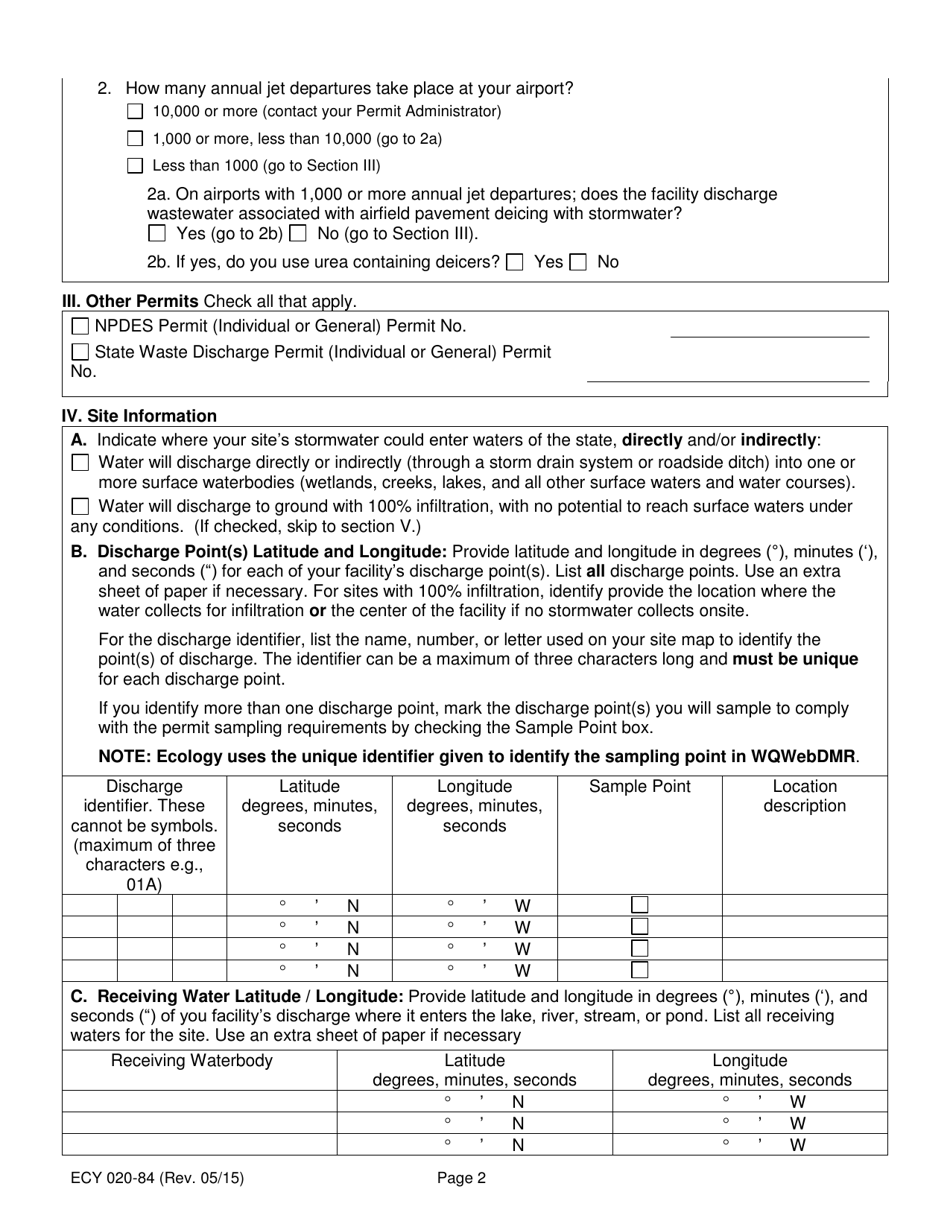 Form ECY020-84 Industrial Stormwater General Permit Application Form (Notice of Intent) - Washington, Page 2