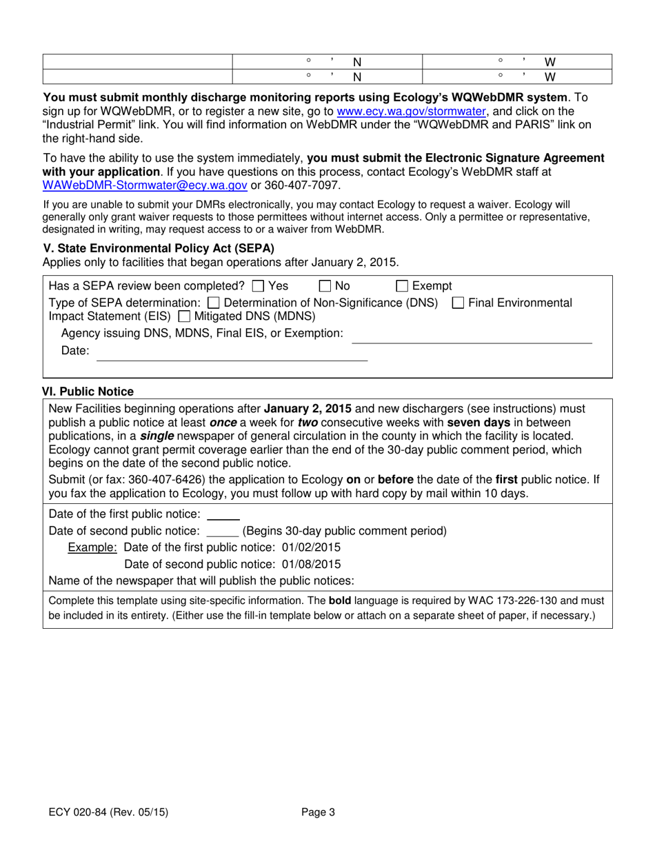 Form ECY020-84 Industrial Stormwater General Permit Application Form (Notice of Intent) - Washington, Page 3